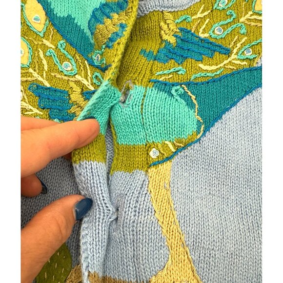 Storybook Knits Women's Blue/Green Button Up Cardigan Sweater Embracing Peacocks - Picture 12 of 12